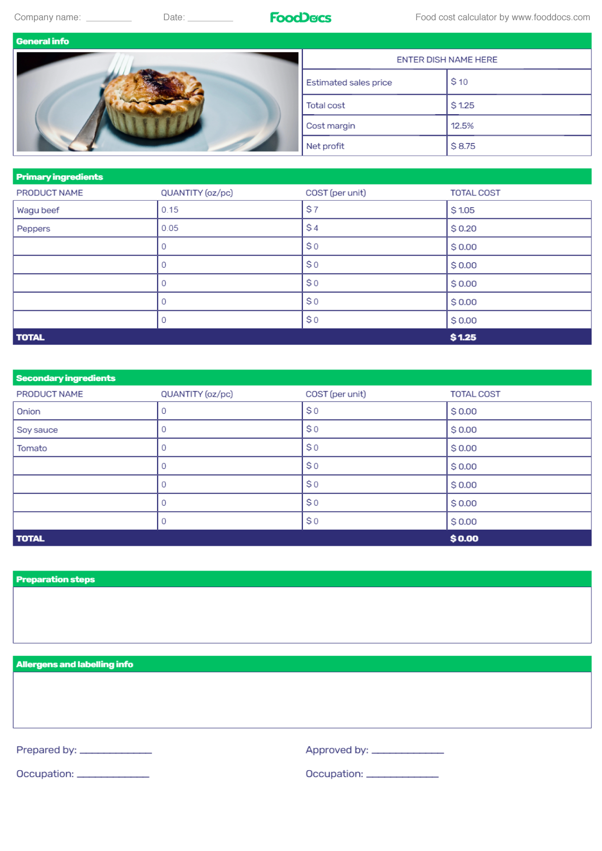 Food Cost Calculator Download Free Template